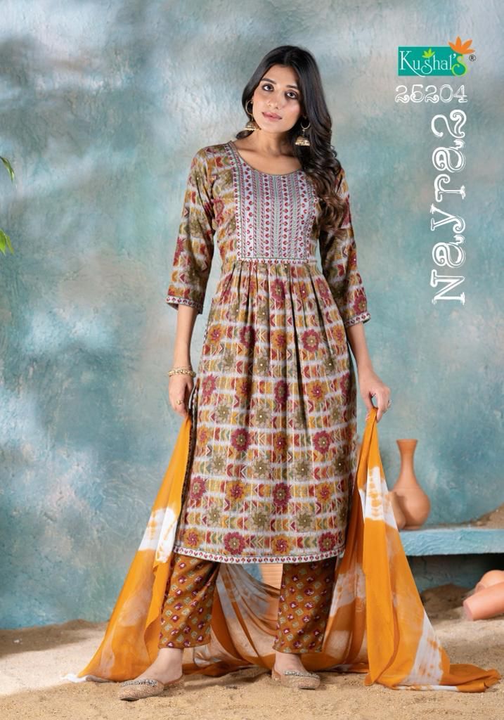 Nayra 2 By Kushals Rayon Printed Naira Cut Kurti With Bottom Dupatta
